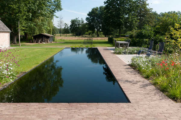 Zwemvijver omringd door kleiklinkers als schakel tussen tuin en landschap